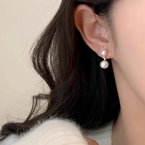 Elegant Double-Pearl Zirconia Stud Earrings